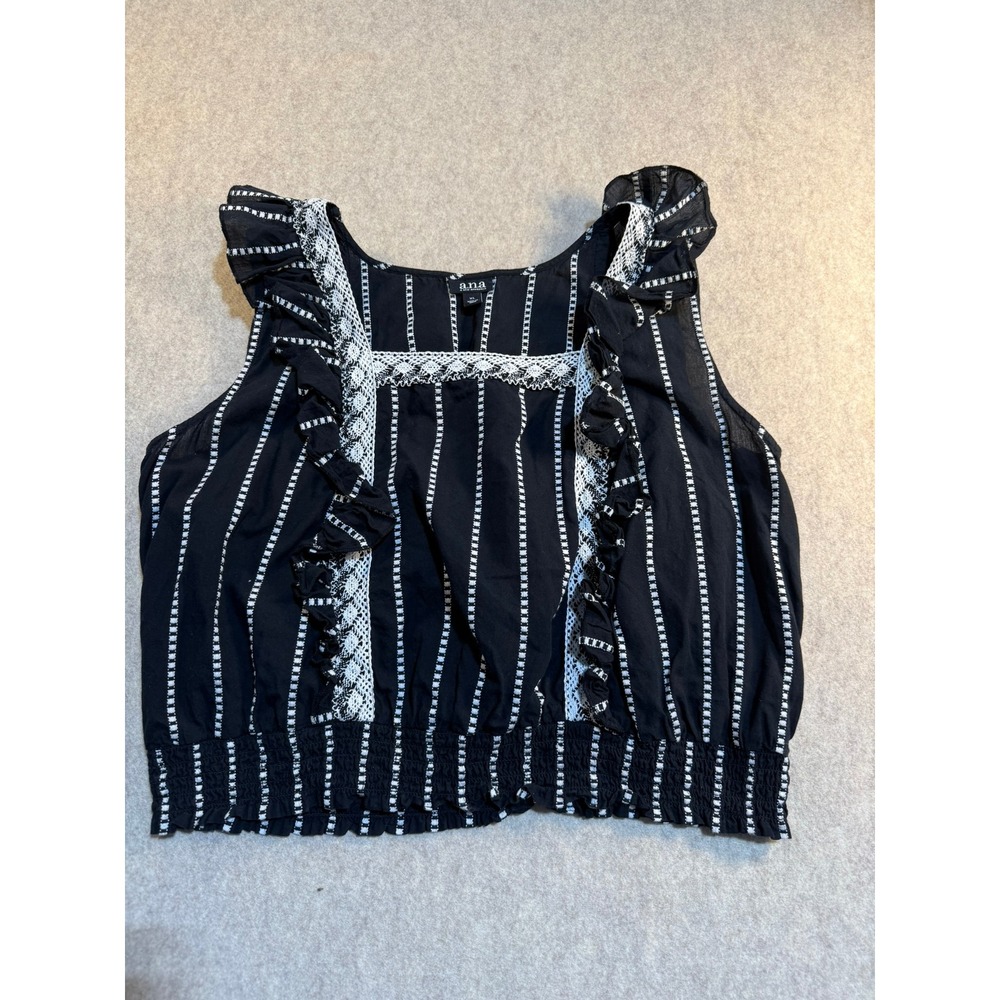 ANA A‎ New Approach Womens XL Black White Striped Lace Ruffle Smocked Crop Top